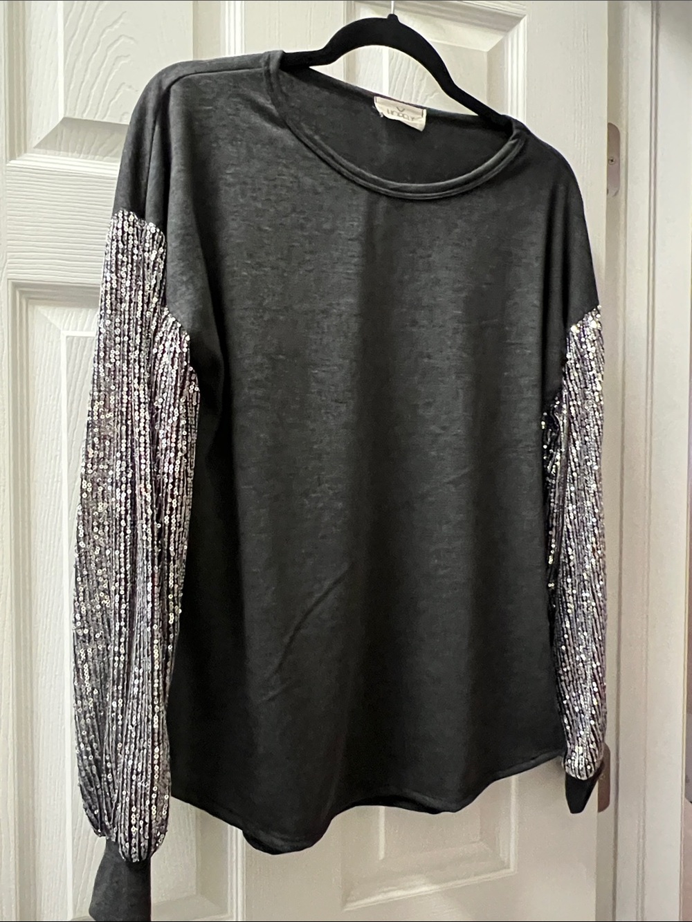 Homely Silver Sequin Embellished Sleeve Long-Sleeve Tee - Black